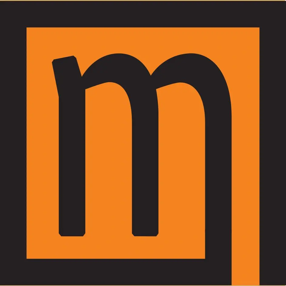 A black and orange logo with the letter m.